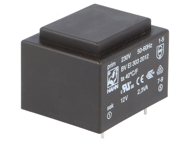 Transformator: ingegoten; 2,3VA; 230VAC; 12V; 191mA; PCB; BVEI Transformator: ingegoten; 2,3VA; 230VAC; 12V; 191mA; PCB; BVEI